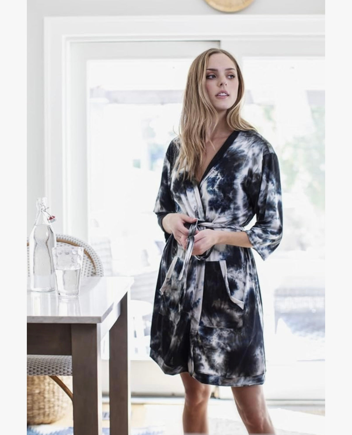 Lounge Love Fall, the softest lightweight black tie-dye midi robe