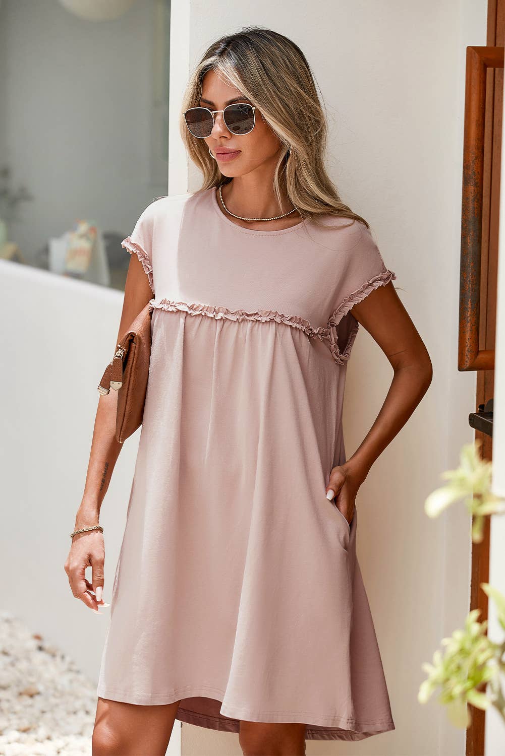 PRE-ORDER: Basic Beige Babe: Frilled Trim Crew Neck Loose Fit Mini Dress