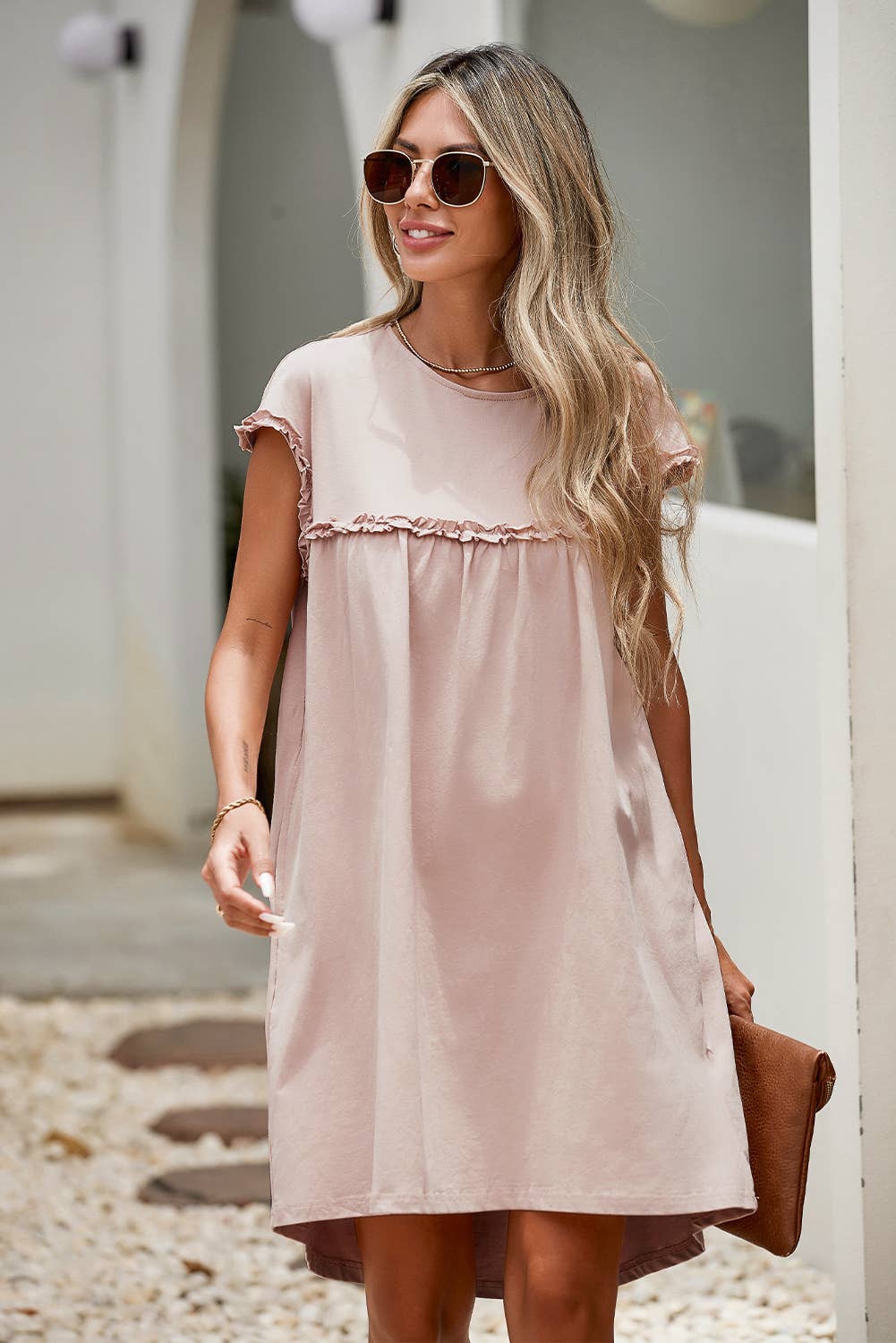 PRE-ORDER: Basic Beige Babe: Frilled Trim Crew Neck Loose Fit Mini Dress