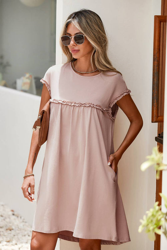 PRE-ORDER: Basic Beige Babe: Frilled Trim Crew Neck Loose Fit Mini Dress