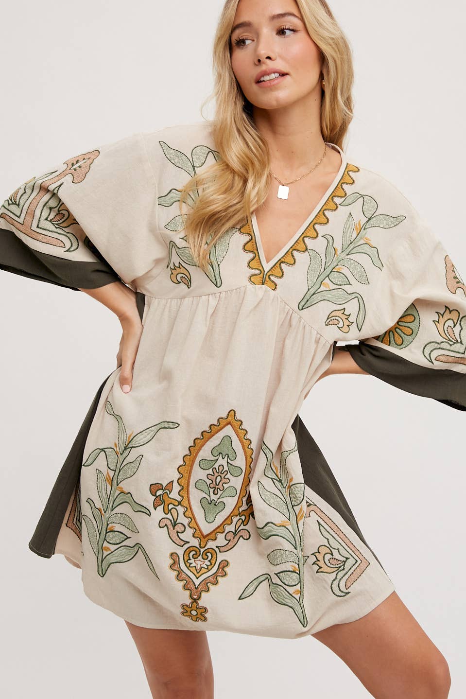 Boho Embroidered Fall Sage Babydoll Dress