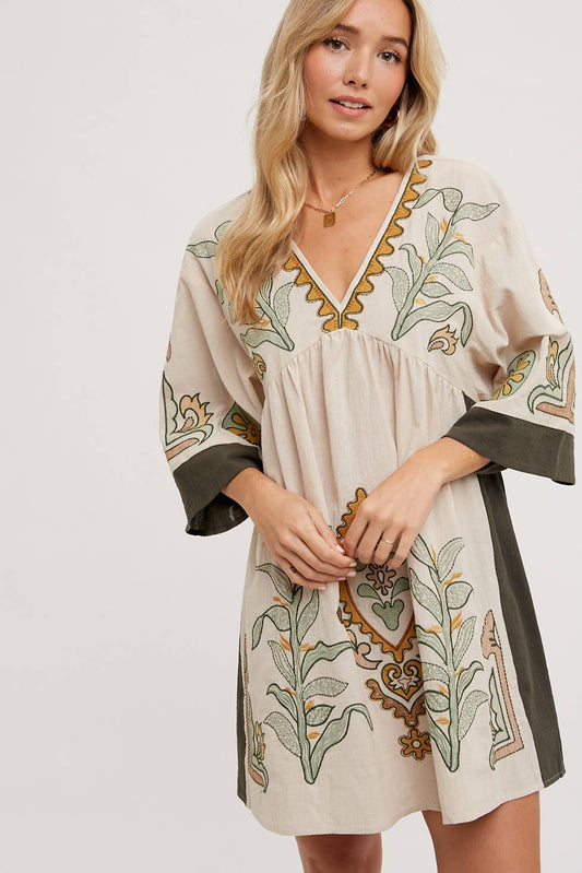 Boho Embroidered Fall Sage Babydoll Dress