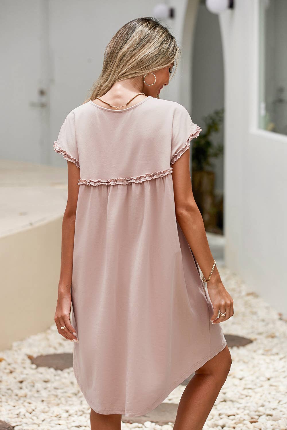 PRE-ORDER: Basic Beige Babe: Frilled Trim Crew Neck Loose Fit Mini Dress