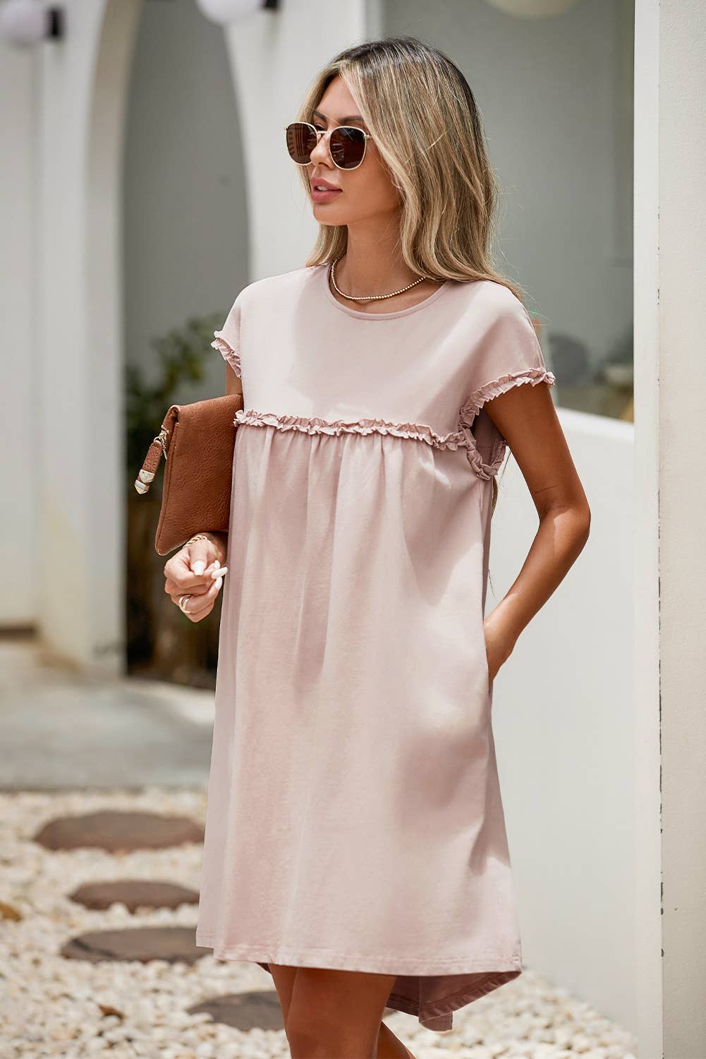 PRE-ORDER: Basic Beige Babe: Frilled Trim Crew Neck Loose Fit Mini Dress