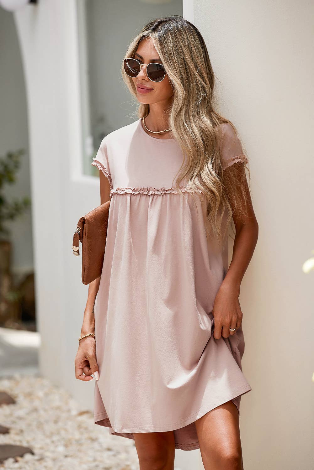 PRE-ORDER: Basic Beige Babe: Frilled Trim Crew Neck Loose Fit Mini Dress