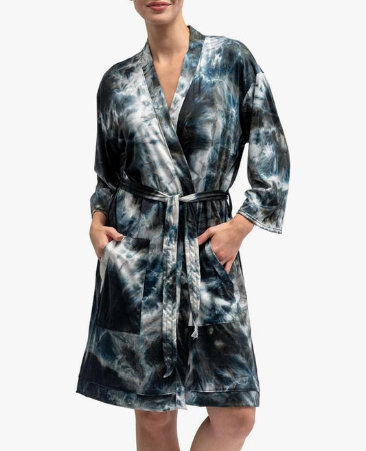 Lounge Love Fall, the softest lightweight black tie-dye midi robe