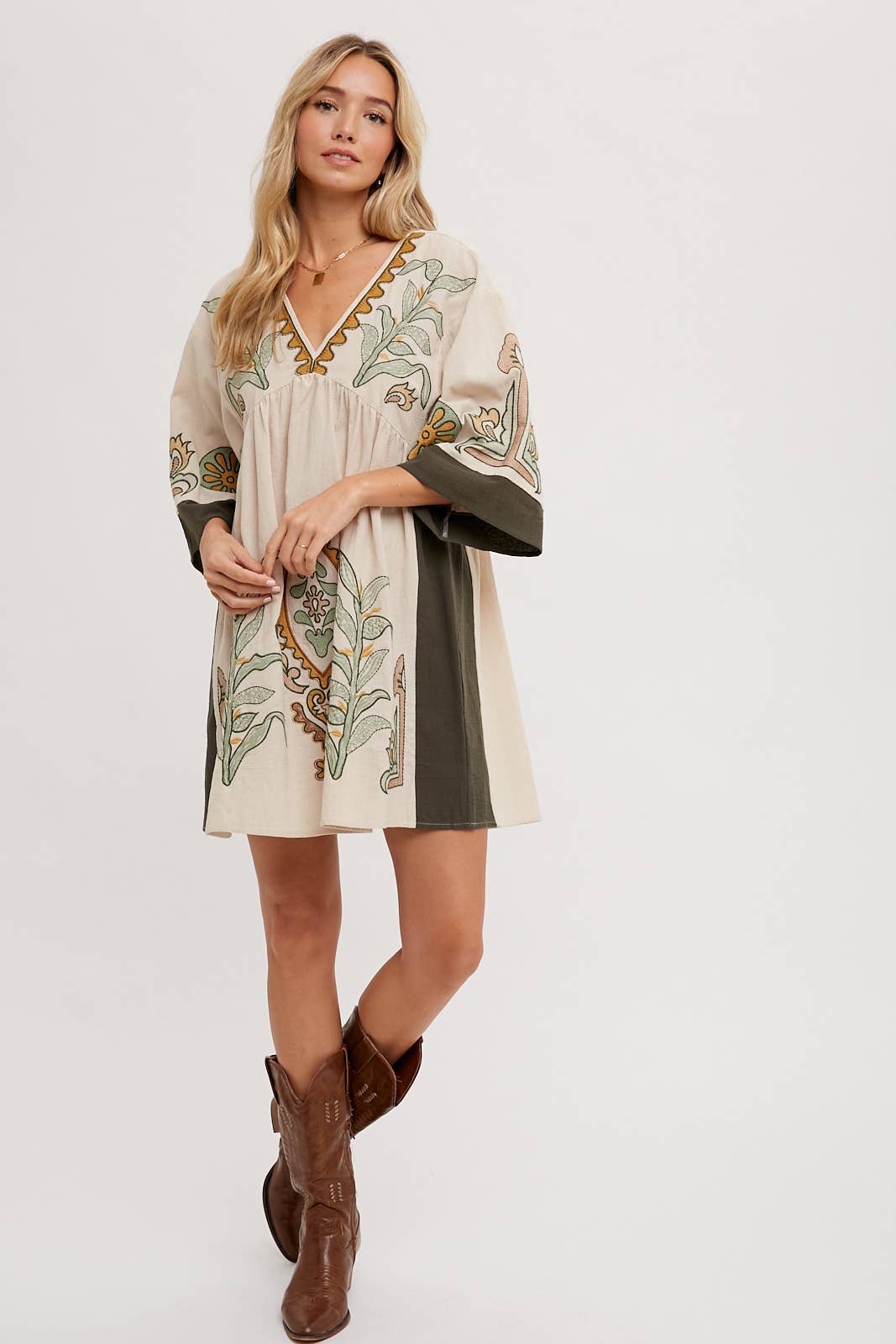 Boho Embroidered Fall Sage Babydoll Dress