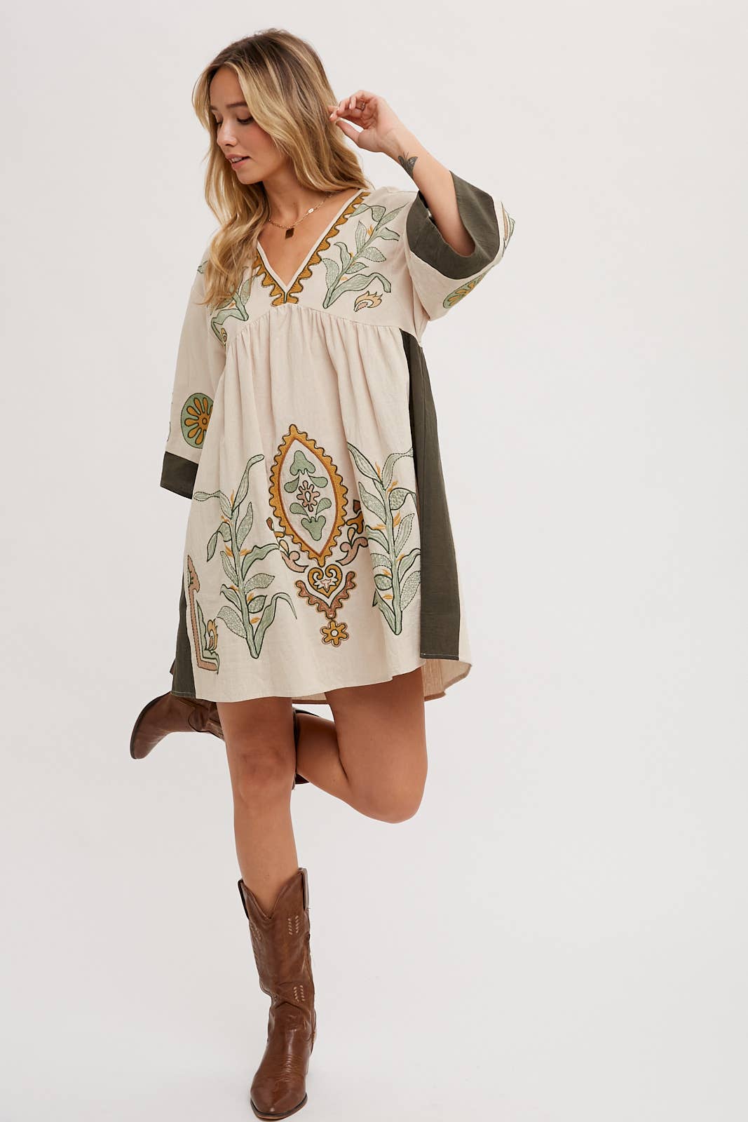 Boho Embroidered Fall Sage Babydoll Dress